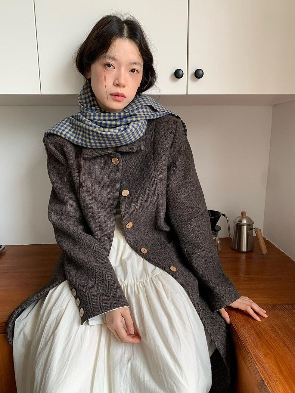 Dorydory Black Herringbone Notched Lapel Retro Women&