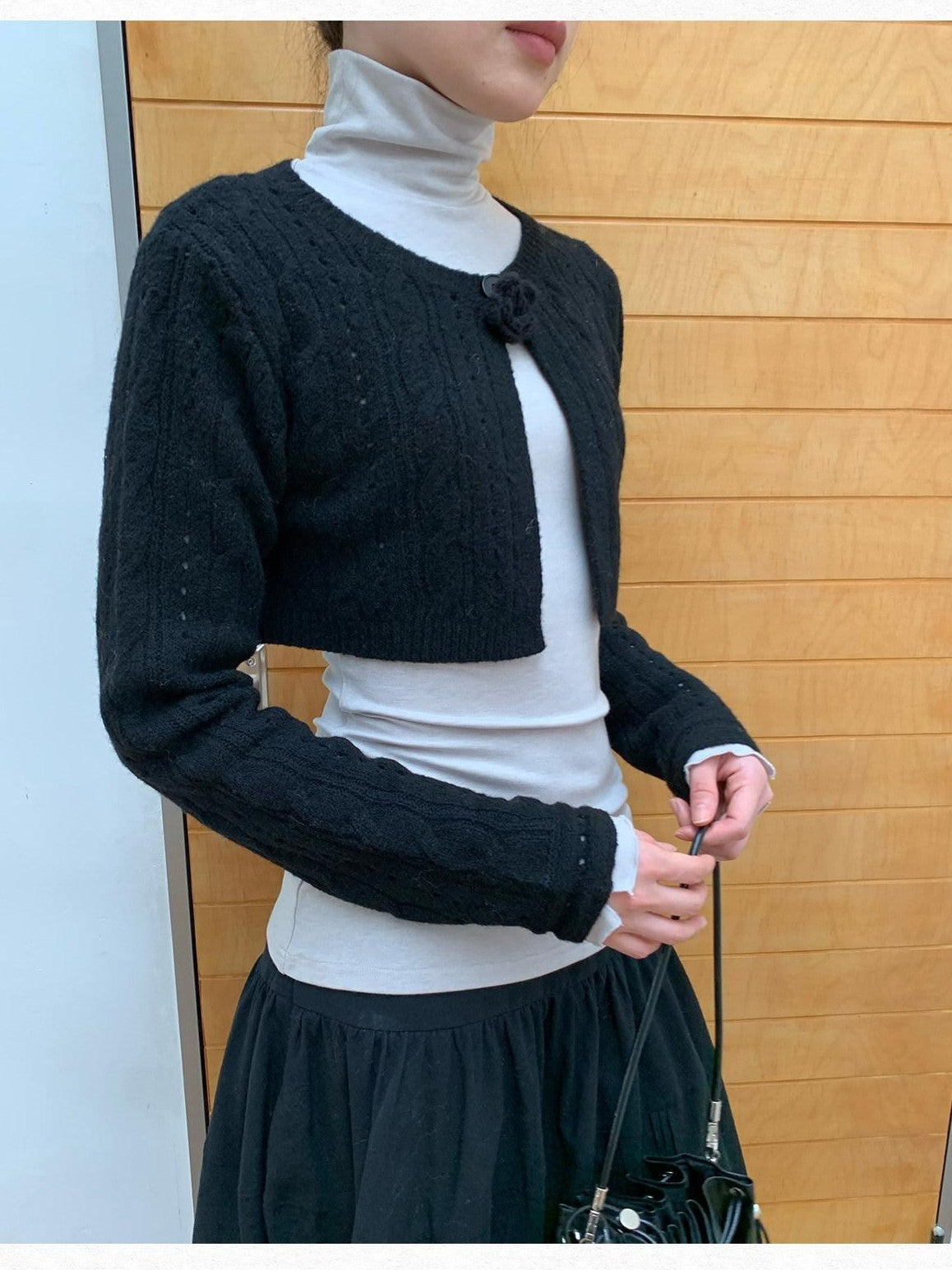 Dorydory Black Openwork Cable Knit Cropped Women&