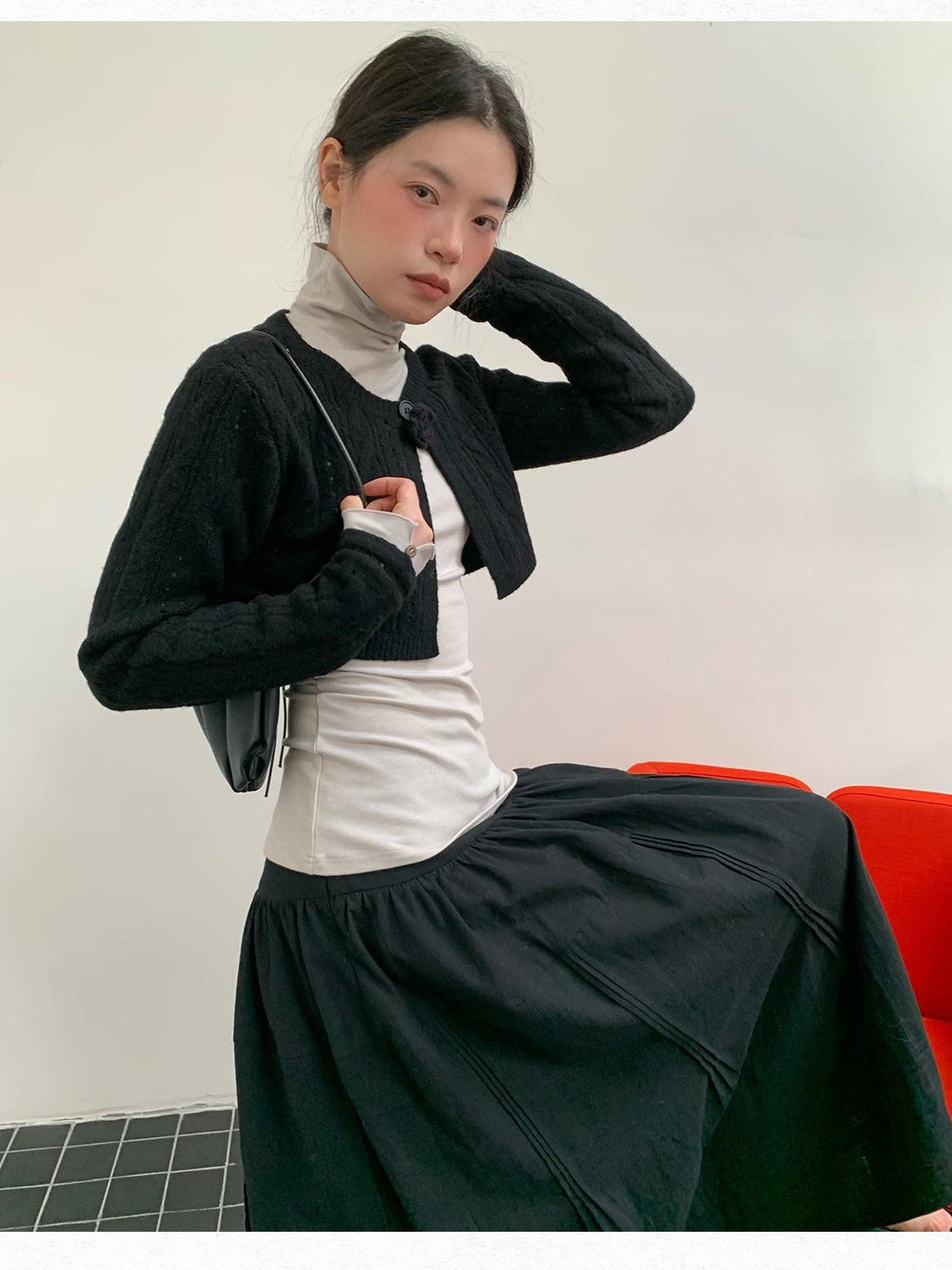 Dorydory Black Openwork Cable Knit Cropped Women&