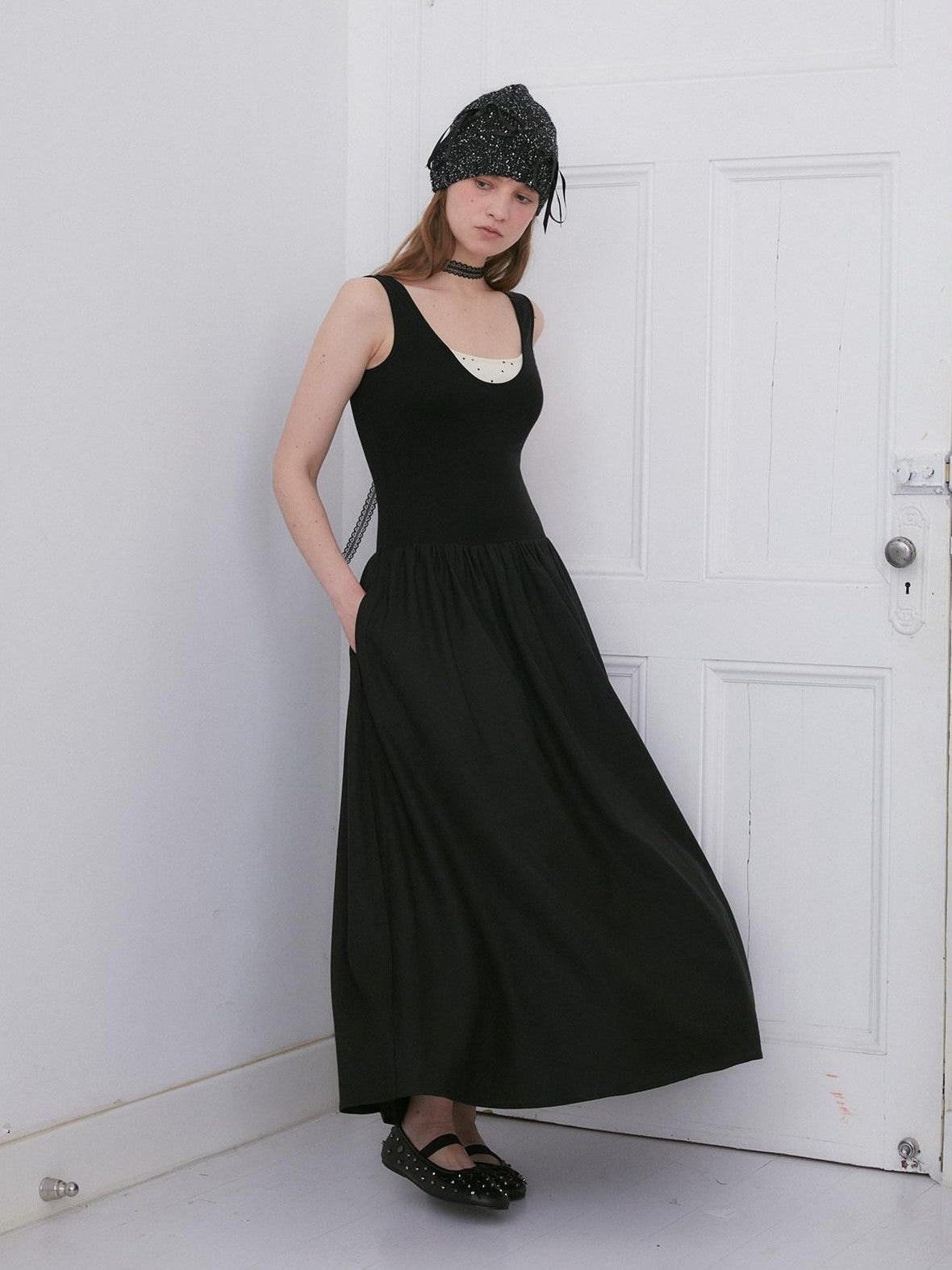 Dorydory Black Polka Dot Contrast Sleeveless Cinch Women&