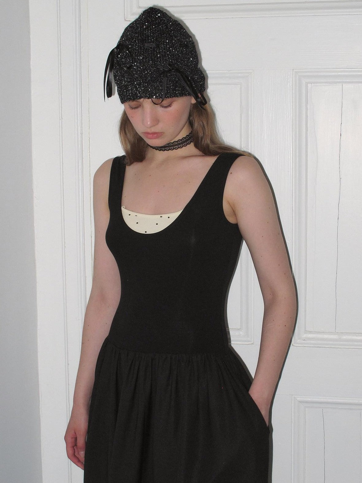 Dorydory Black Polka Dot Contrast Sleeveless Cinch Women&
