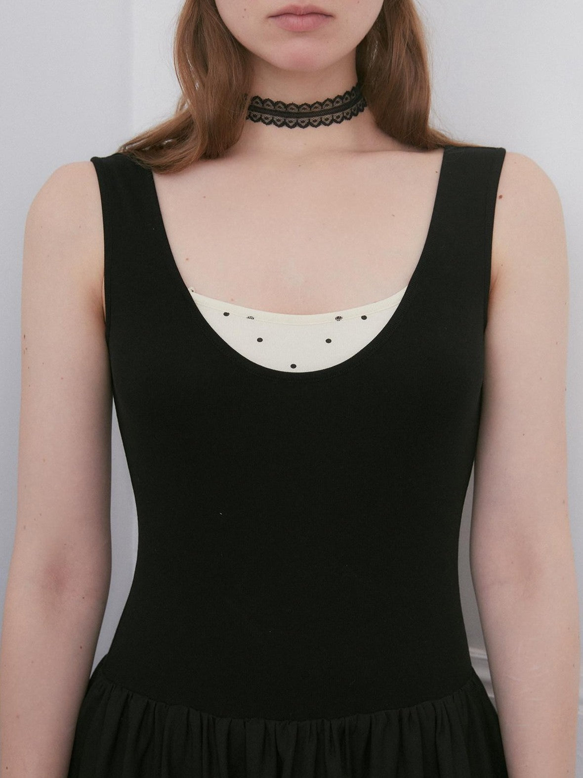 Dorydory Black Polka Dot Contrast Sleeveless Cinch Women&