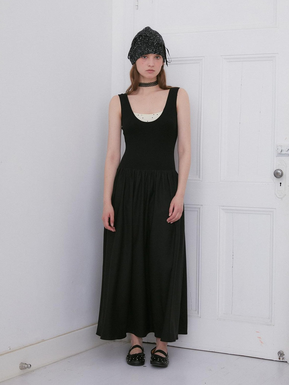 Dorydory Black Polka Dot Contrast Sleeveless Cinch Women&