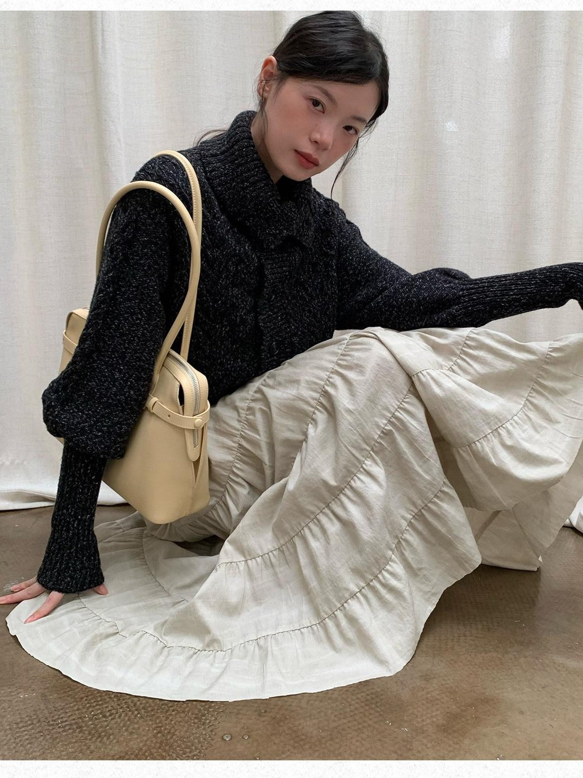 Dorydory Black Speckled Coarse Knit Cape High Neck Women&
