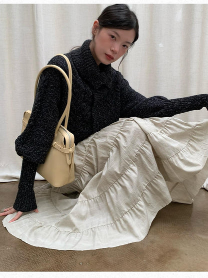 Dorydory Black Speckled Coarse Knit Cape High Neck Women&