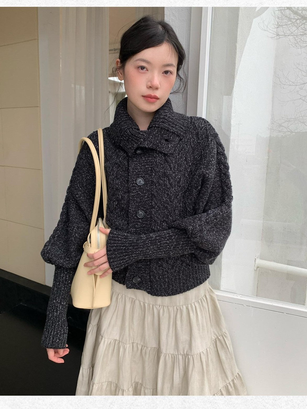 Dorydory Black Speckled Coarse Knit Cape High Neck Women&