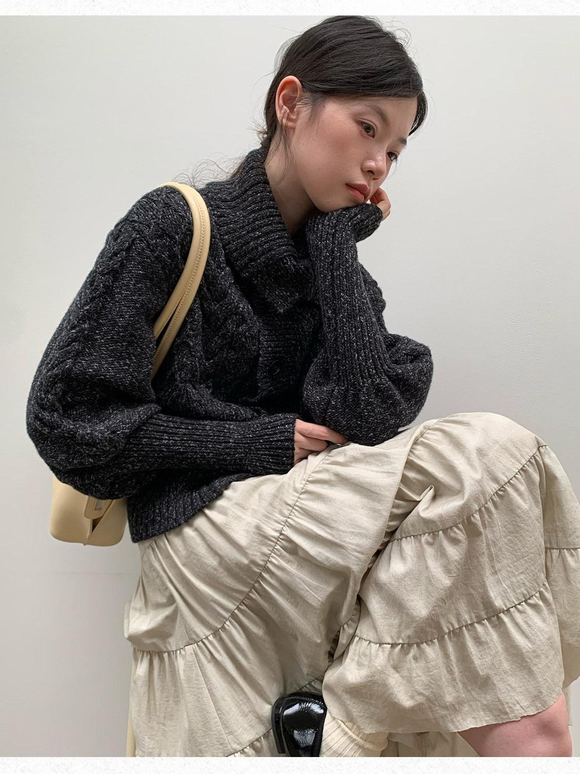 Dorydory Black Speckled Coarse Knit Cape High Neck Women&