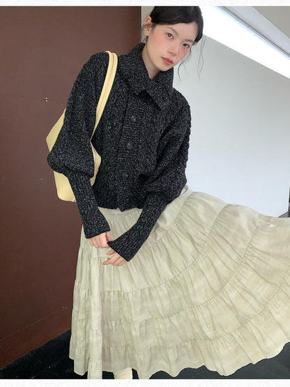 Dorydory Black Speckled Coarse Knit Cape High Neck Women&