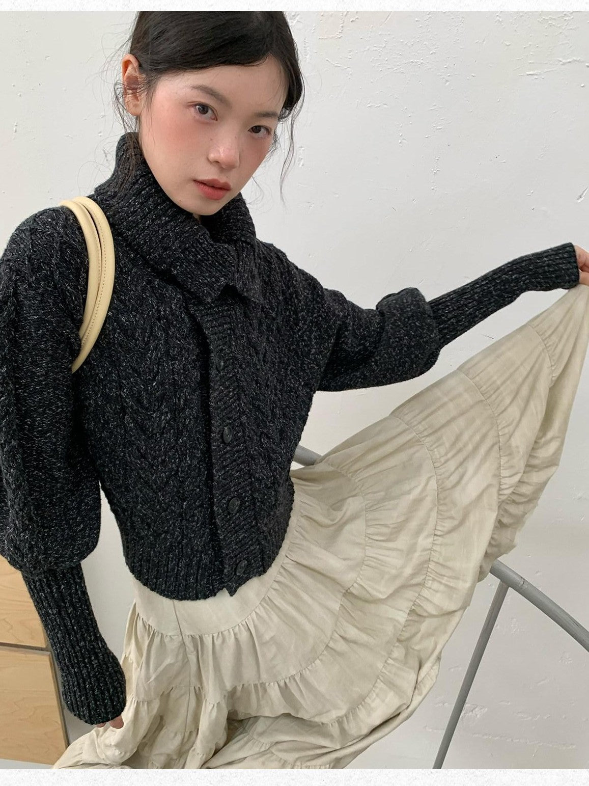 Dorydory Black Speckled Coarse Knit Cape High Neck Women&