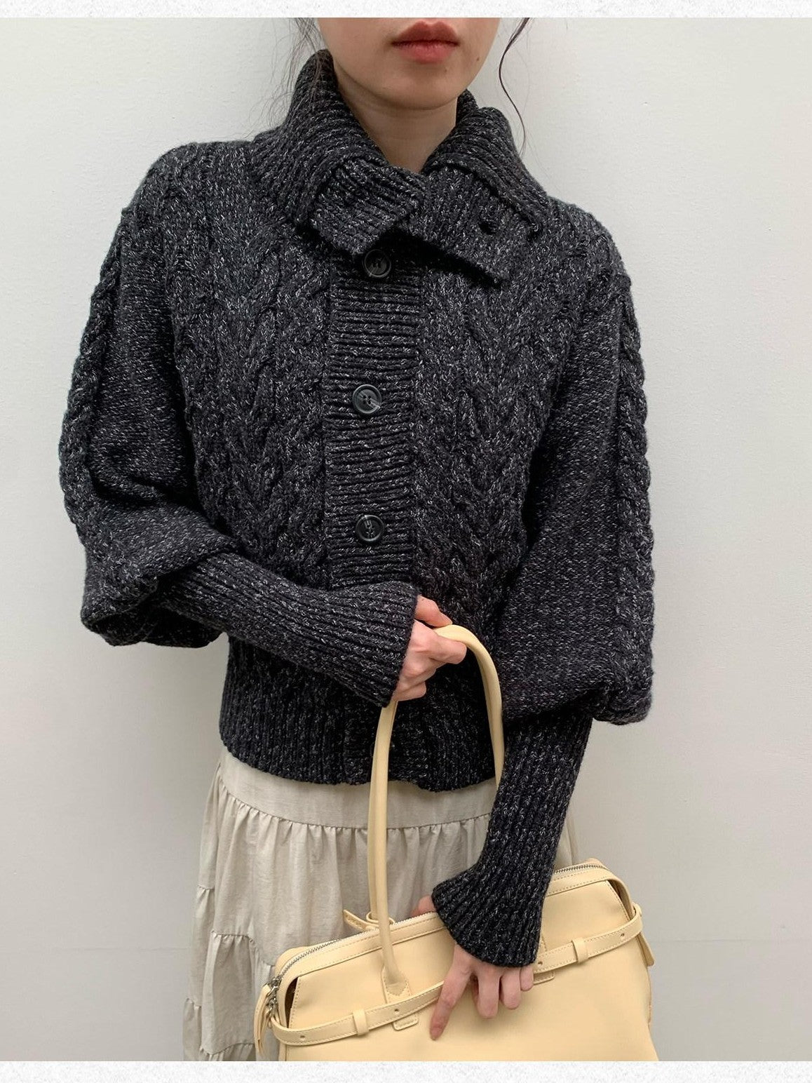 Dorydory Black Speckled Coarse Knit Cape High Neck Women&
