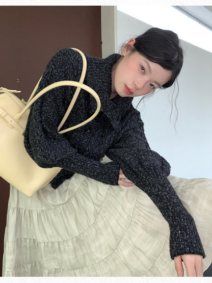 Dorydory Black Speckled Coarse Knit Cape High Neck Women&