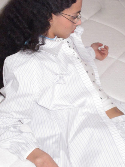Dorydory Blue Striped Polo Collar Long Sleeve Women&