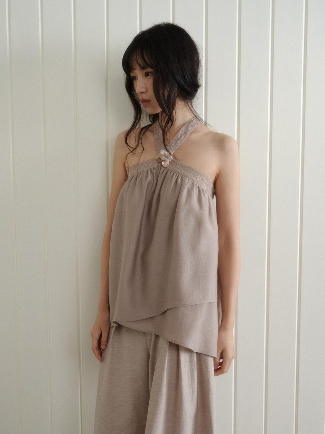 Dorydory Blush Pink Asymmetrical Layered Tie Neck Women&