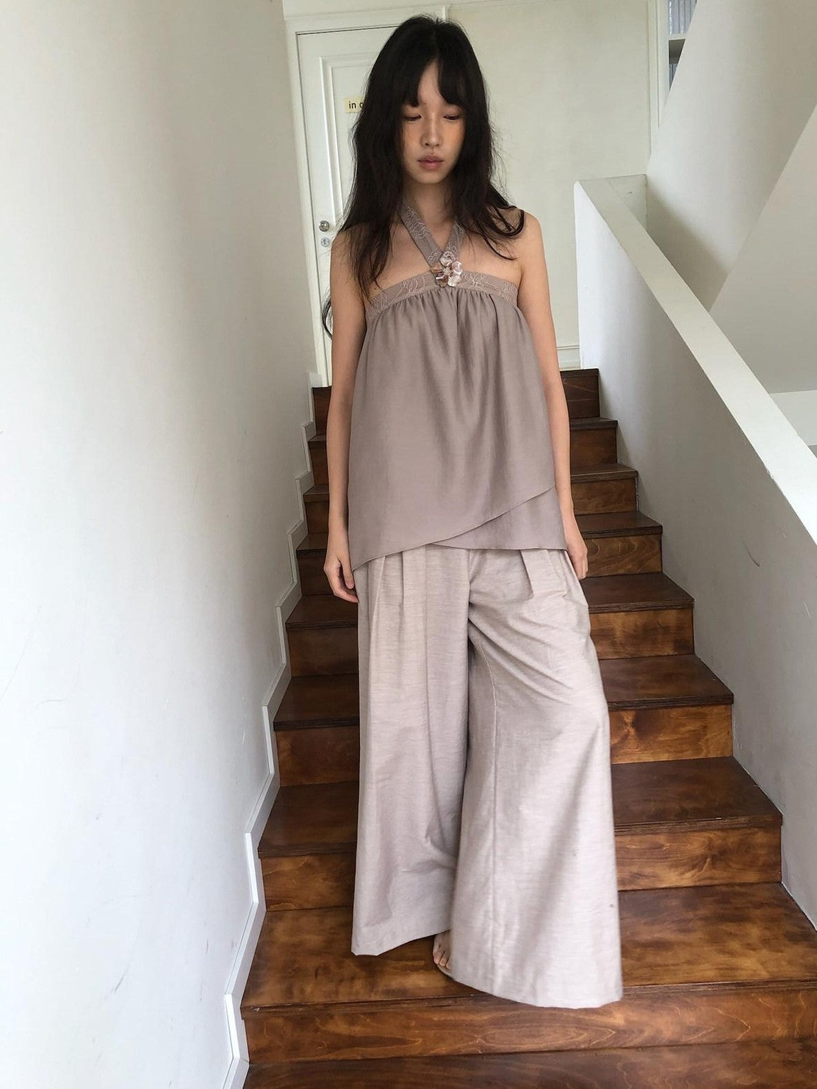 Dorydory Blush Pink Asymmetrical Layered Tie Neck Women&