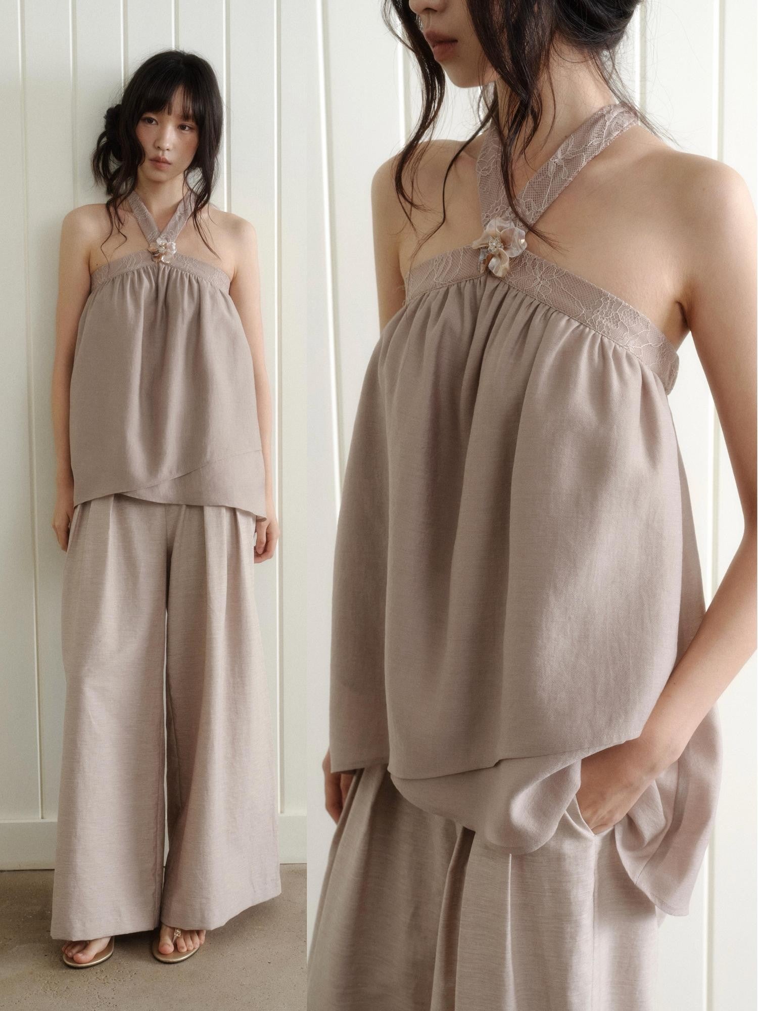 Dorydory Blush Pink Asymmetrical Layered Tie Neck Women&