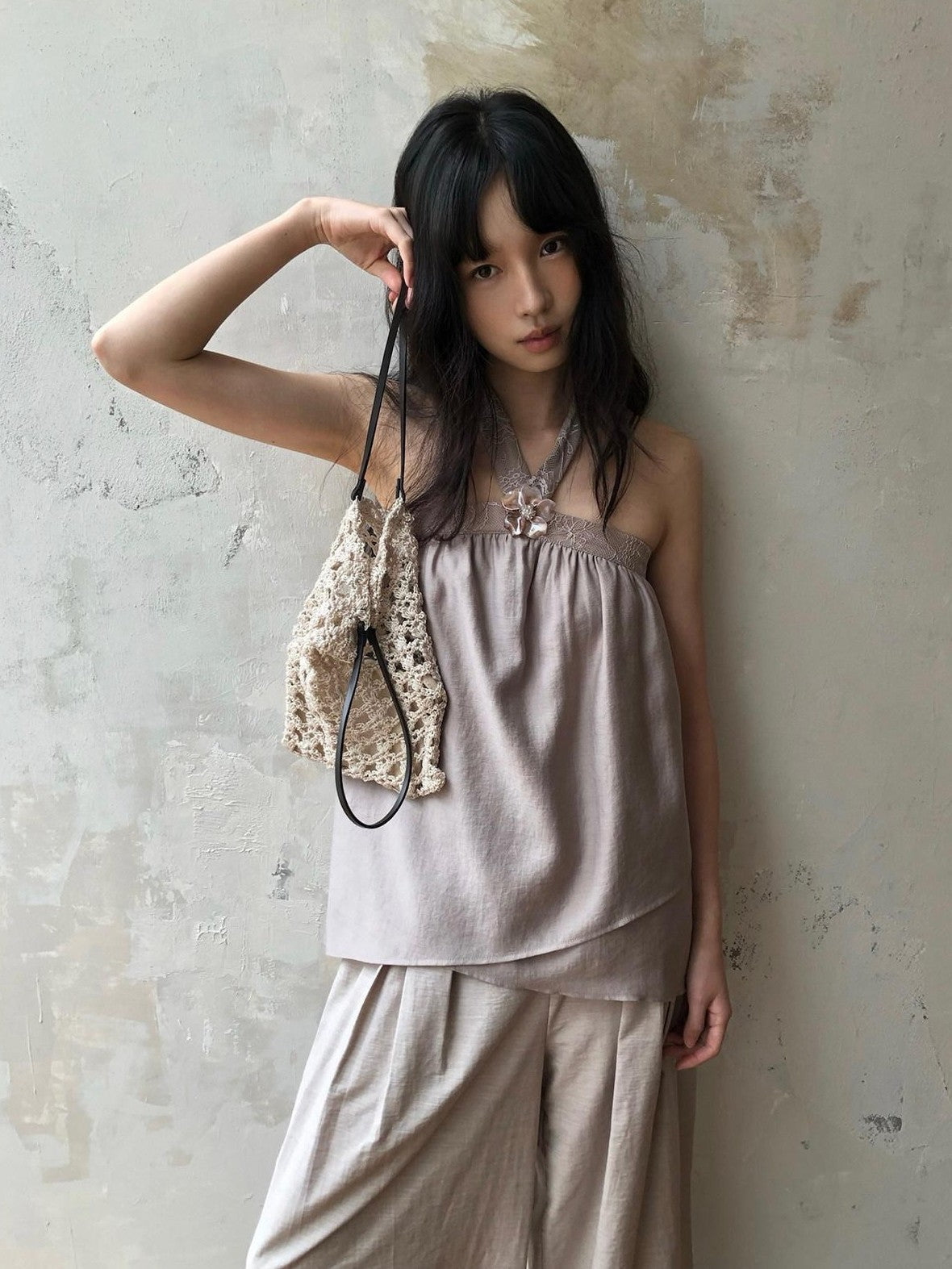 Dorydory Blush Pink Asymmetrical Layered Tie Neck Women&