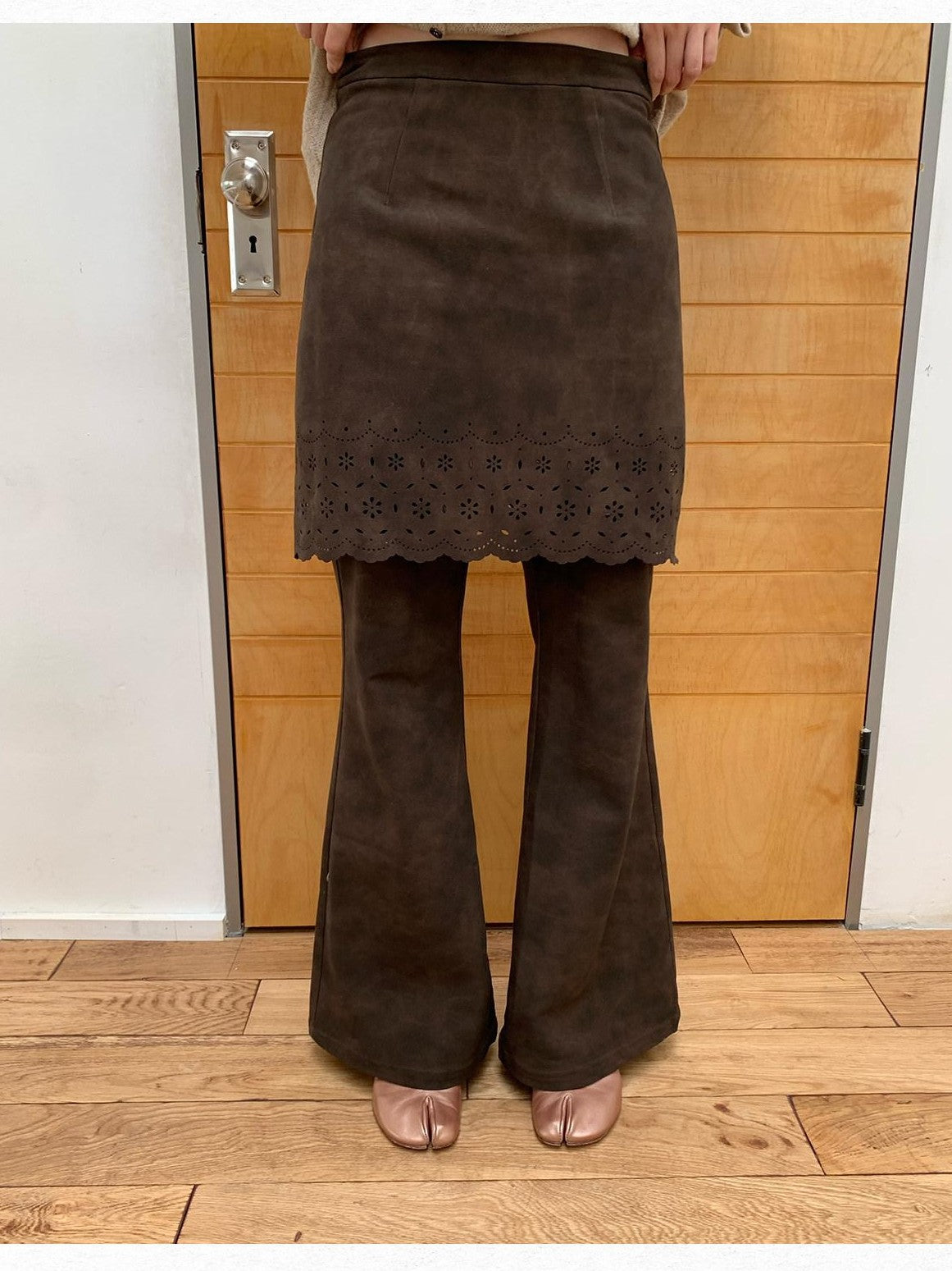 Dorydory Brown Cutout Lace High Waist Slimming Micro Flare Women&
