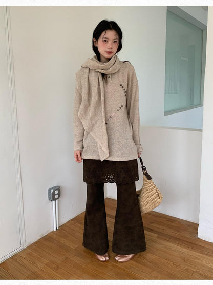 Dorydory Brown Cutout Lace High Waist Slimming Micro Flare Women&