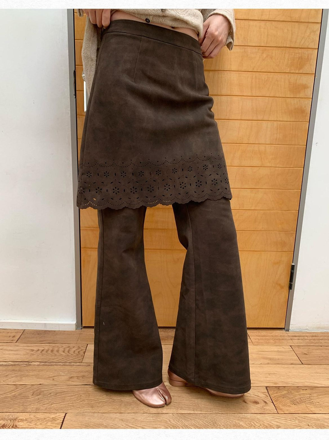Dorydory Brown Cutout Lace High Waist Slimming Micro Flare Women&