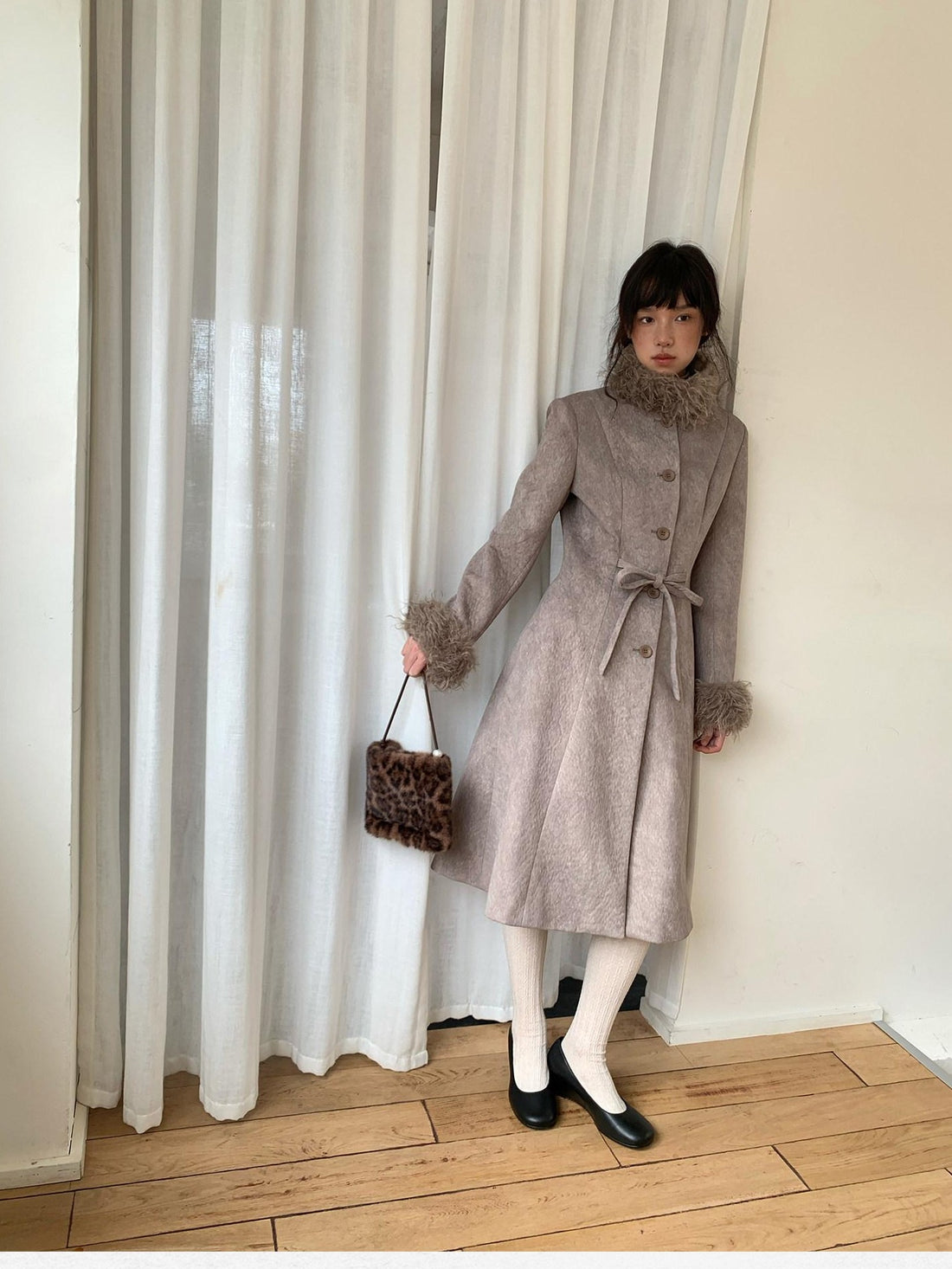 Dorydory Brown Detachable Fur Collar Vintage Mid Length Women&