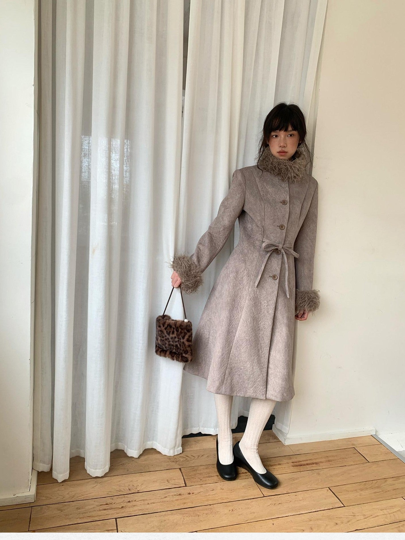 Dorydory Brown Detachable Fur Collar Vintage Mid Length Women&