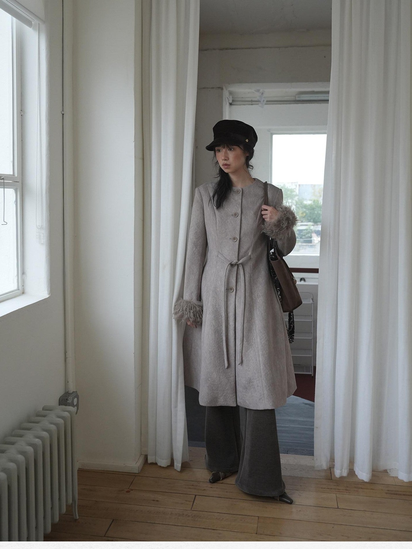 Dorydory Brown Detachable Fur Collar Vintage Mid Length Women&