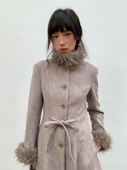 Dorydory Brown Detachable Fur Collar Vintage Mid Length Women&