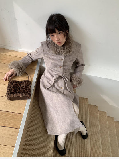 Dorydory Brown Detachable Fur Collar Vintage Mid Length Women&