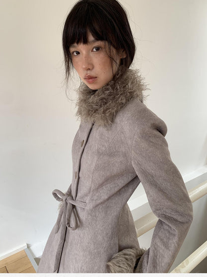 Dorydory Brown Detachable Fur Collar Vintage Mid Length Women&