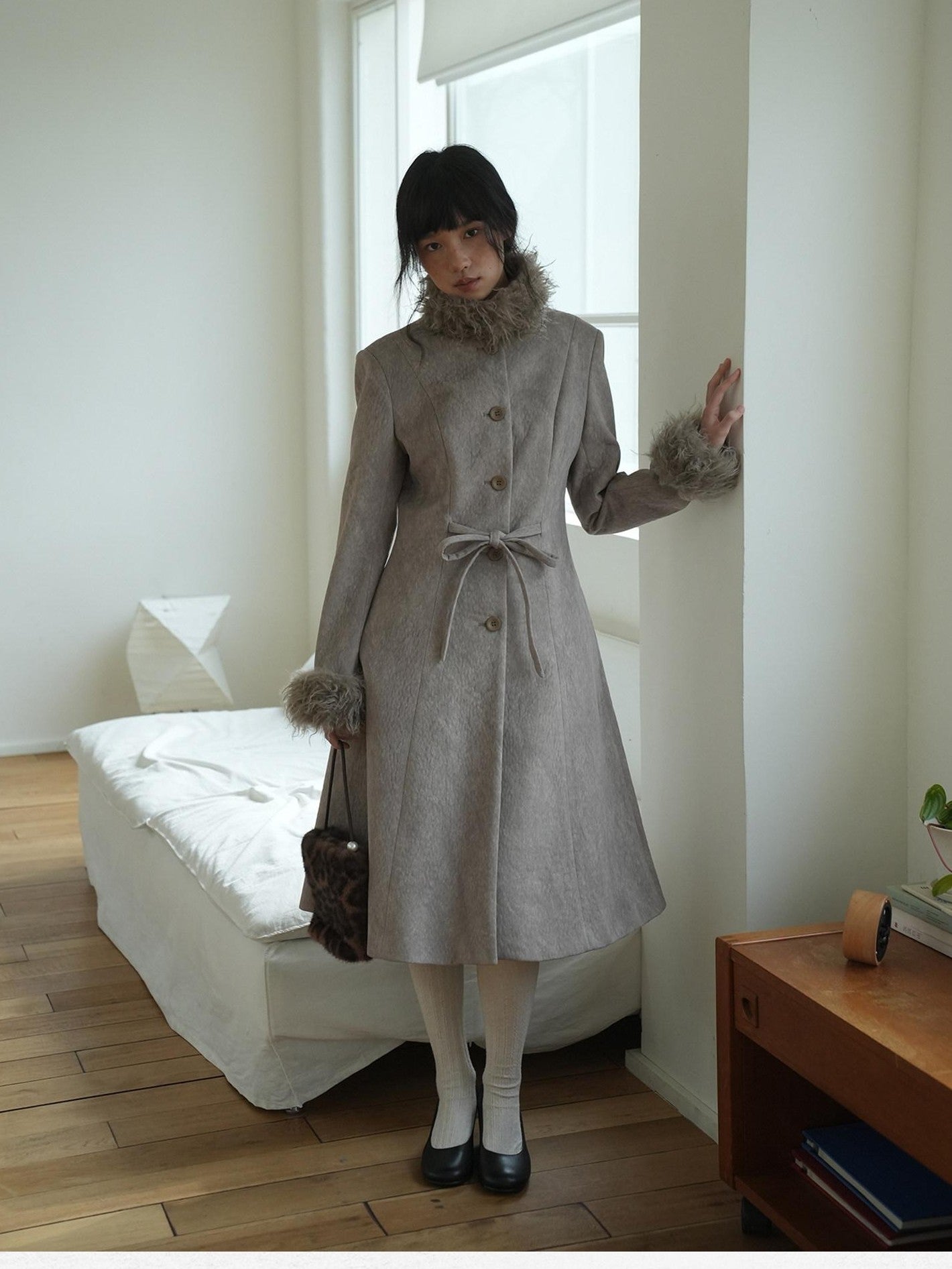 Dorydory Brown Detachable Fur Collar Vintage Mid Length Women&