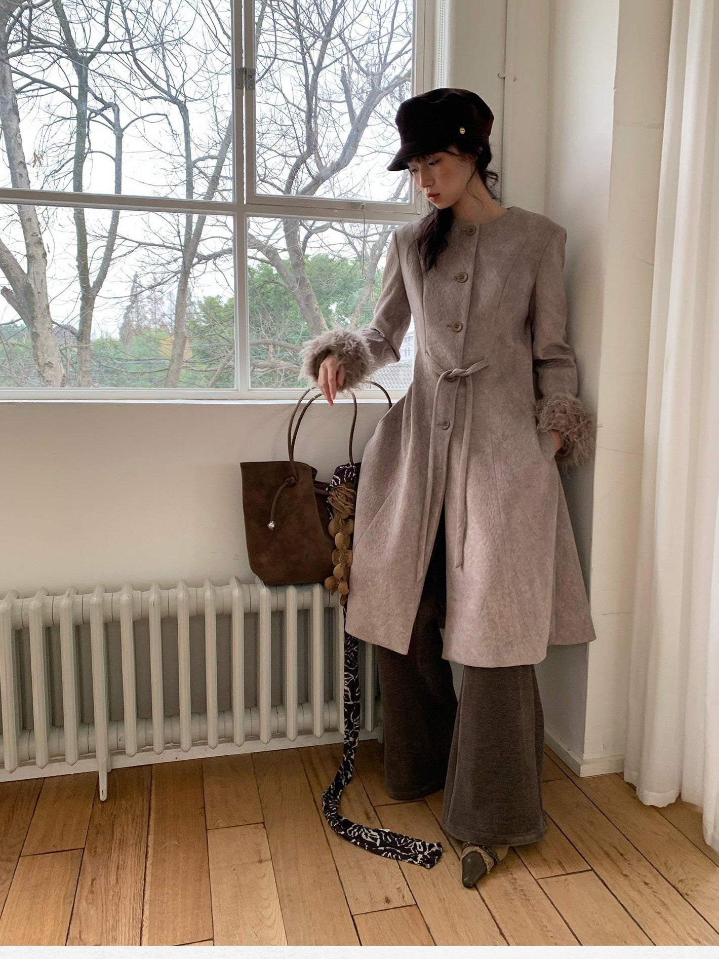 Dorydory Brown Detachable Fur Collar Vintage Mid Length Women&