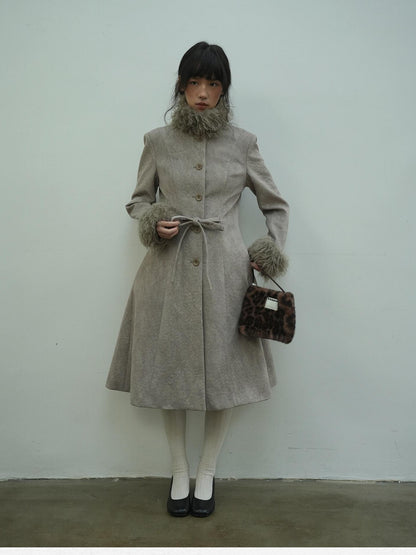 Dorydory Brown Detachable Fur Collar Vintage Mid Length Women&