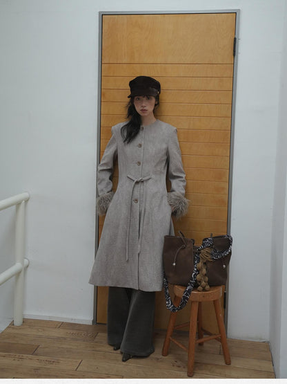 Dorydory Brown Detachable Fur Collar Vintage Mid Length Women&