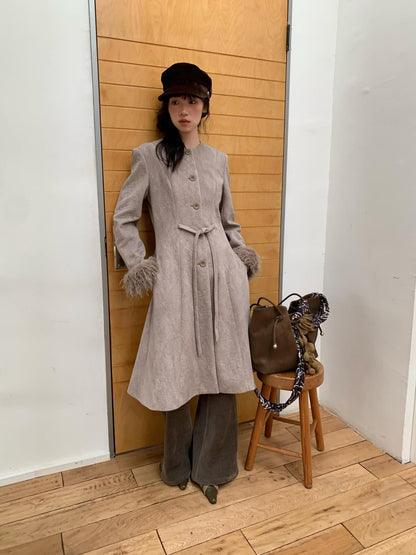 Dorydory Brown Detachable Fur Collar Vintage Mid Length Women&