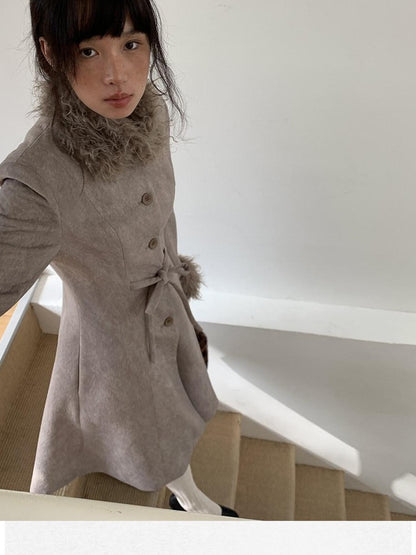 Dorydory Brown Detachable Fur Collar Vintage Mid Length Women&