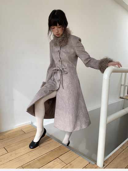 Dorydory Brown Detachable Fur Collar Vintage Mid Length Women&