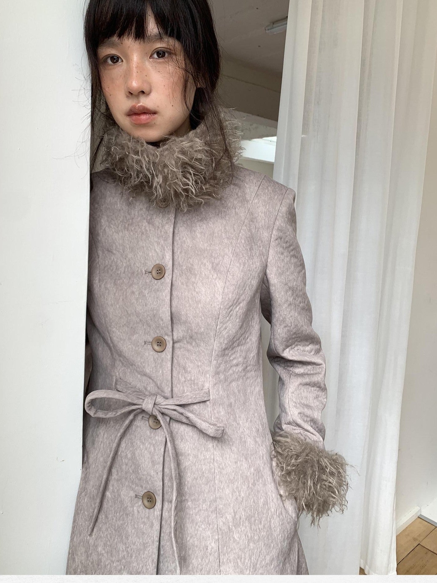 Dorydory Brown Detachable Fur Collar Vintage Mid Length Women&