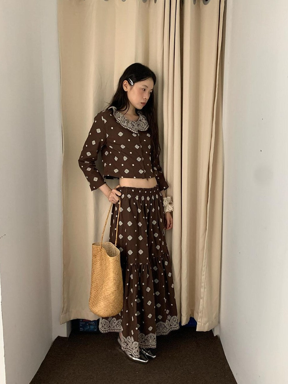 Dorydory Brown Embroidered Crop Two Piece Women&