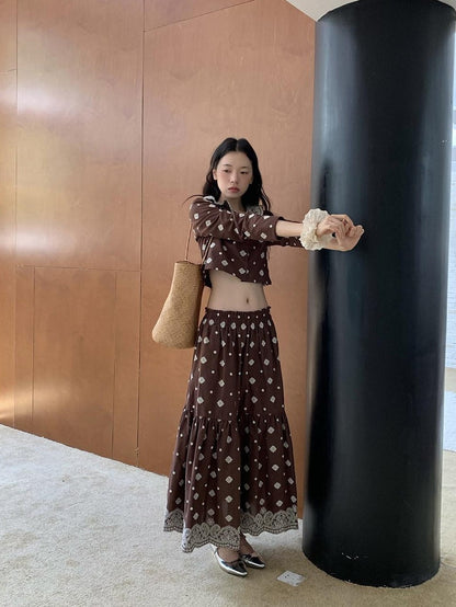 Dorydory Brown Embroidered Crop Two Piece Women&