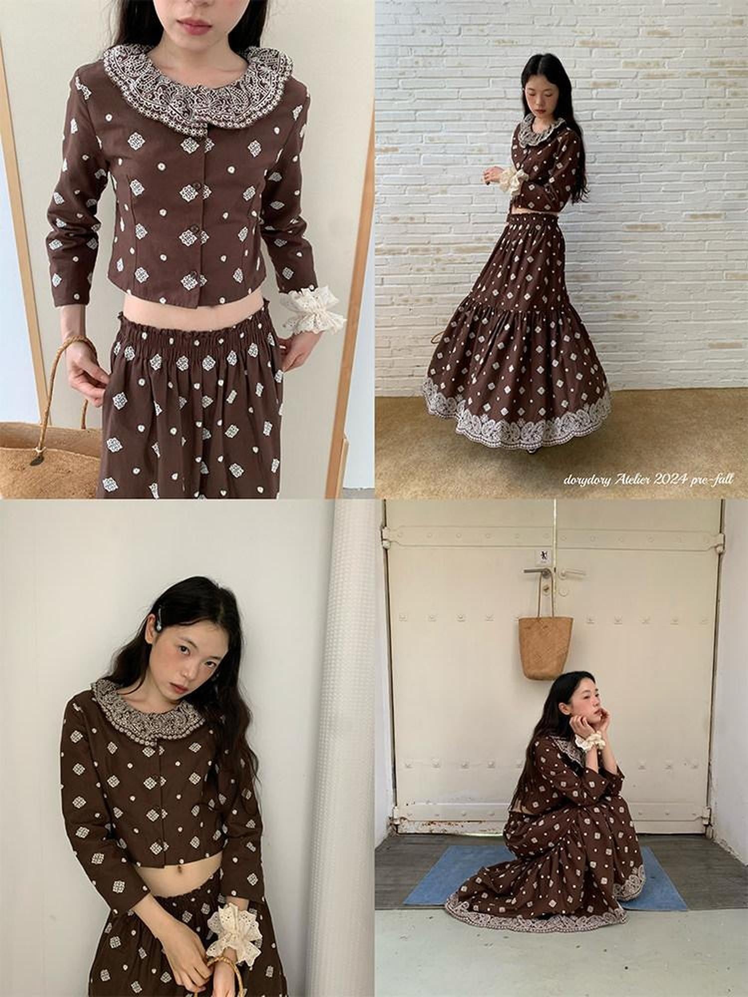 Dorydory Brown Embroidered Crop Two Piece Women&