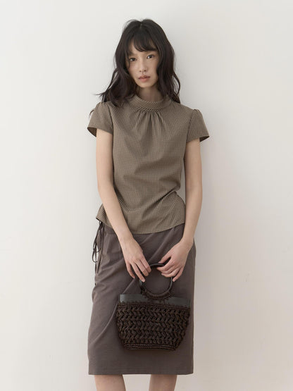 Dorydory Brown Green Plaid Bowl Collar Short Sleeve Vintage Women&