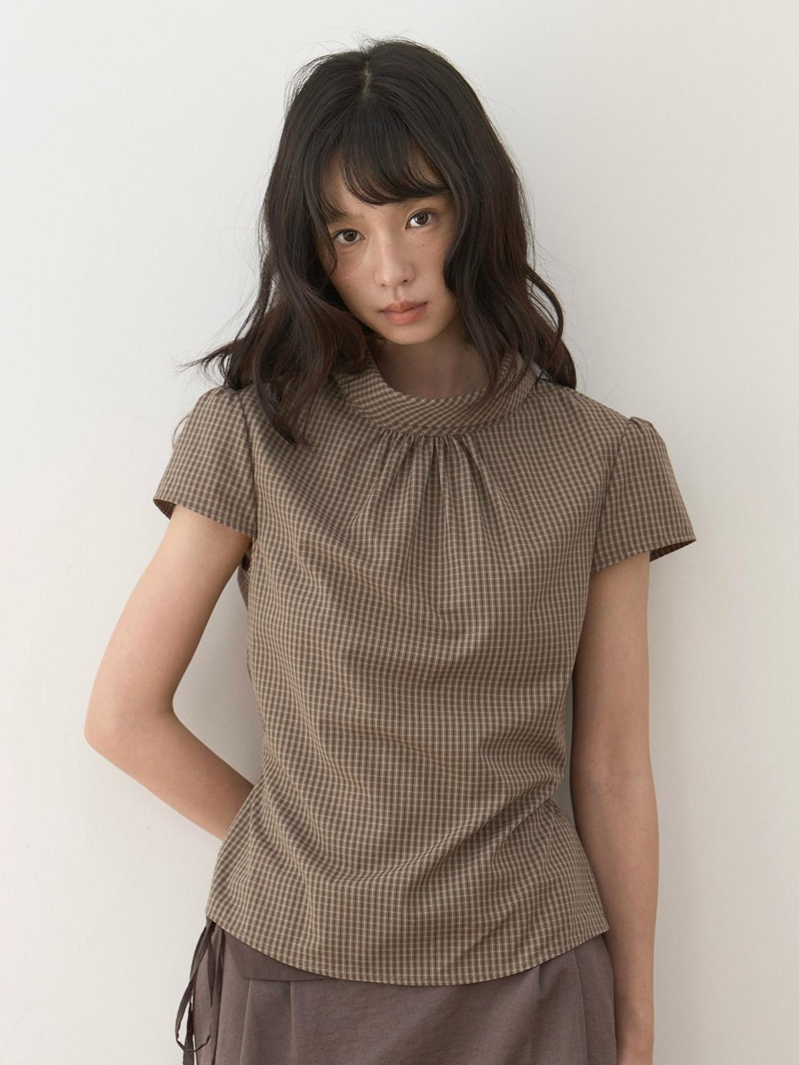 Dorydory Brown Green Plaid Bowl Collar Short Sleeve Vintage Women&