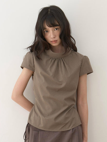 Dorydory Brown Green Plaid Bowl Collar Short Sleeve Vintage Women&