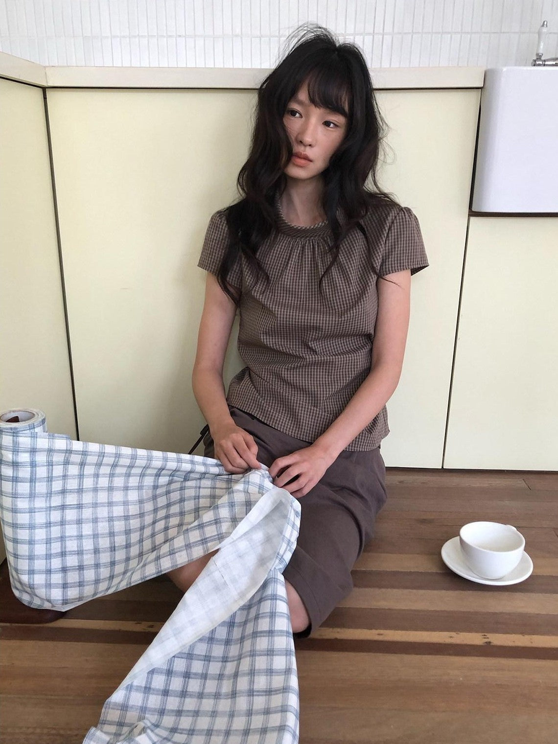 Dorydory Brown Green Plaid Bowl Collar Short Sleeve Vintage Women&