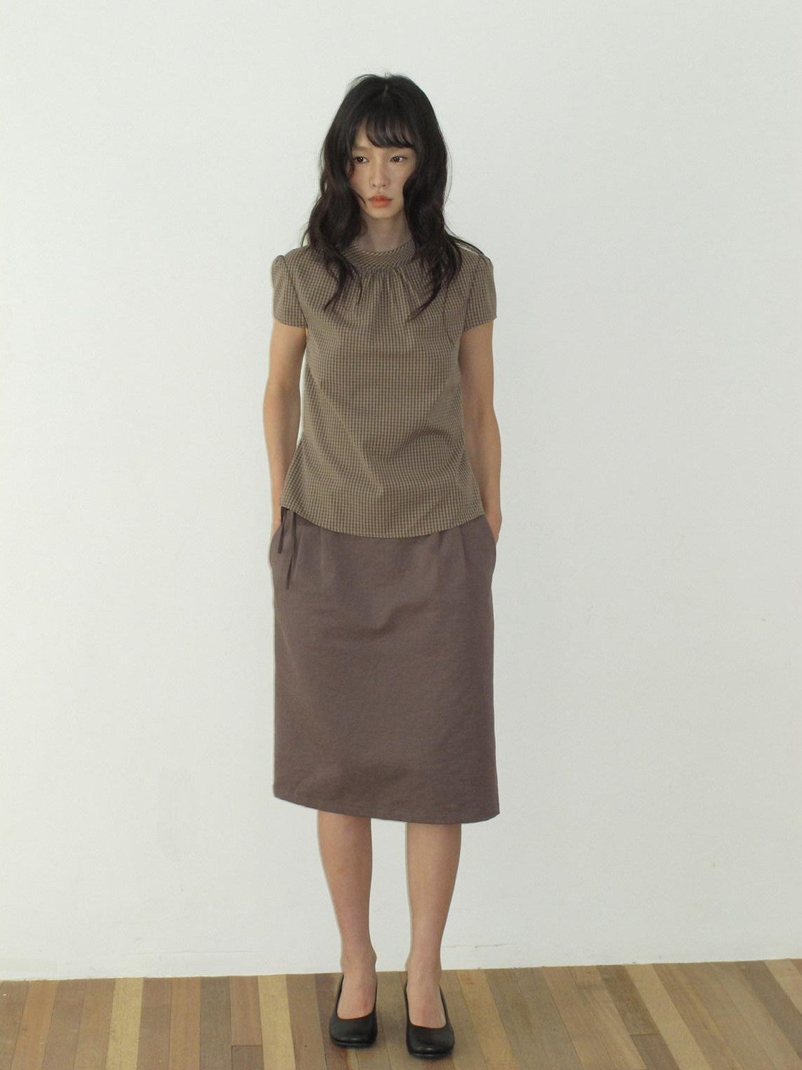Dorydory Brown Green Plaid Bowl Collar Short Sleeve Vintage Women&