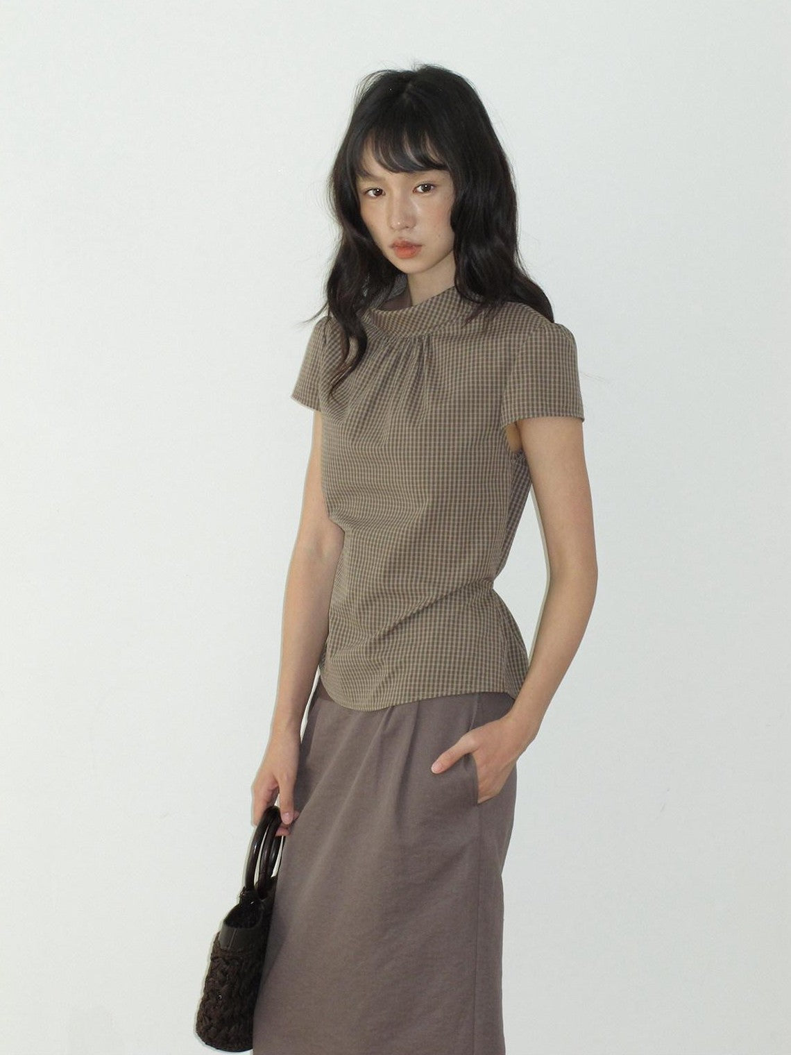 Dorydory Brown Green Plaid Bowl Collar Short Sleeve Vintage Women&