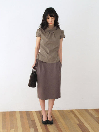 Dorydory Brown Green Plaid Bowl Collar Short Sleeve Vintage Women&