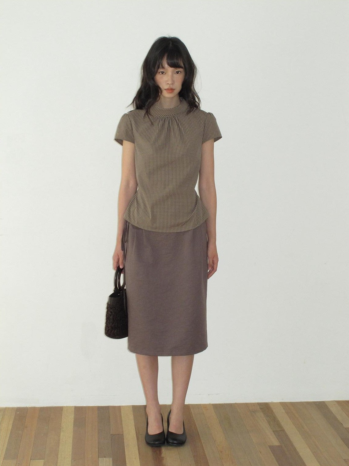 Dorydory Brown Green Plaid Bowl Collar Short Sleeve Vintage Women&