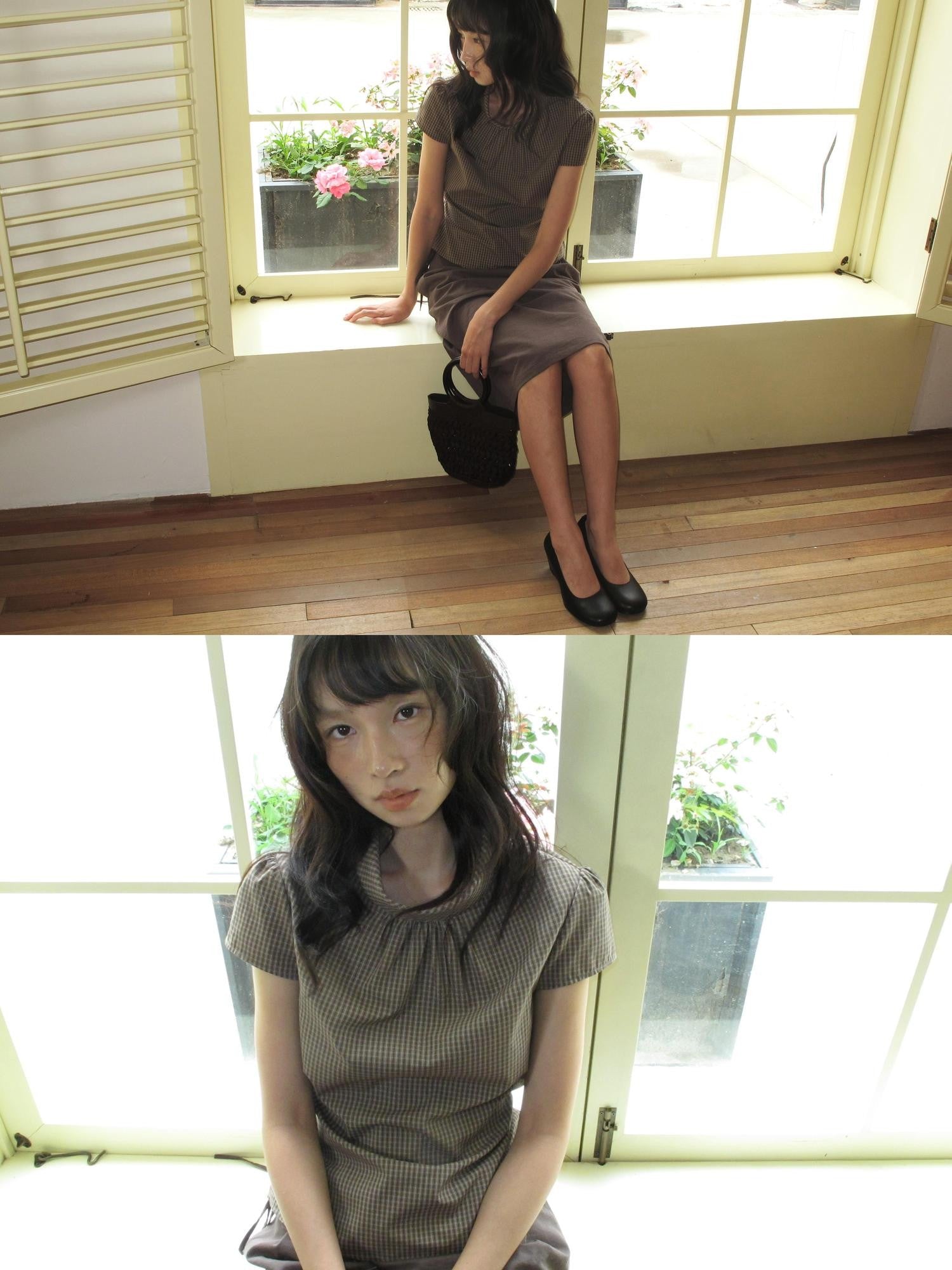 Dorydory Brown Green Plaid Bowl Collar Short Sleeve Vintage Women&
