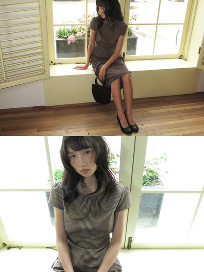 Dorydory Brown Green Plaid Bowl Collar Short Sleeve Vintage Women&
